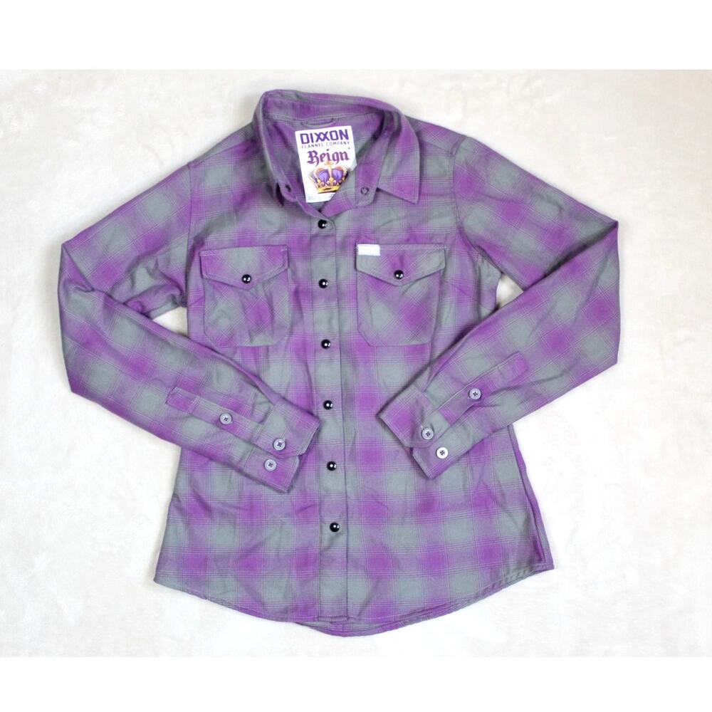 Dixxon Reign Flannel Shirt Womens Small Purple Gray Plaid Western Biker Grunge